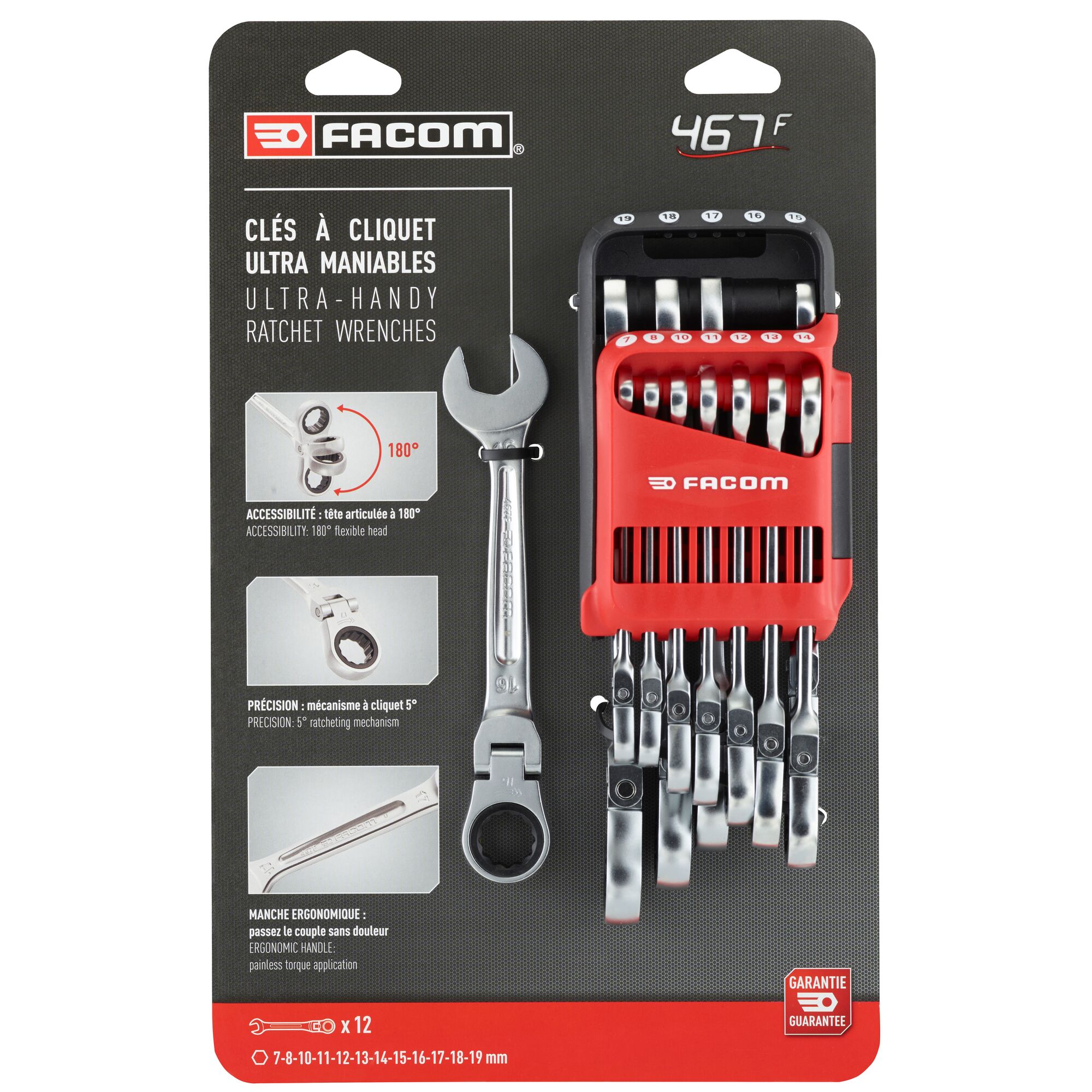Facom 467BF.JP12PB set of 12 ultra-handy ratchet wrenches with 180° flexible heads, in red and black holder, front view.